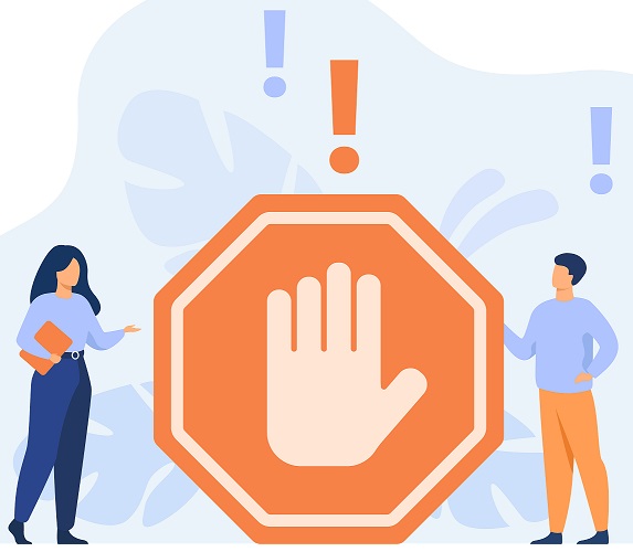 Tiny people standing near prohibited gesture