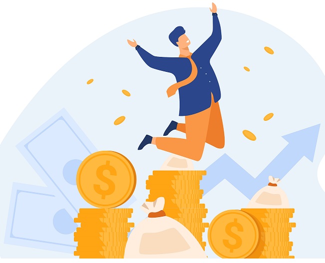Happy rich banker celebrating income growth